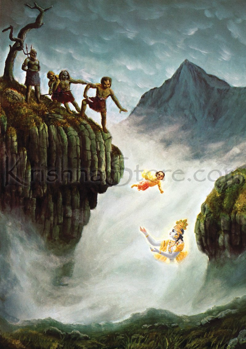 Prahlad thrown off cliff only to be protected by Vishnu