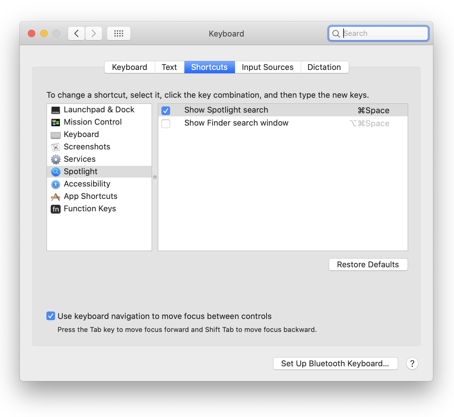 Screenshot of spotlight keyboard settings